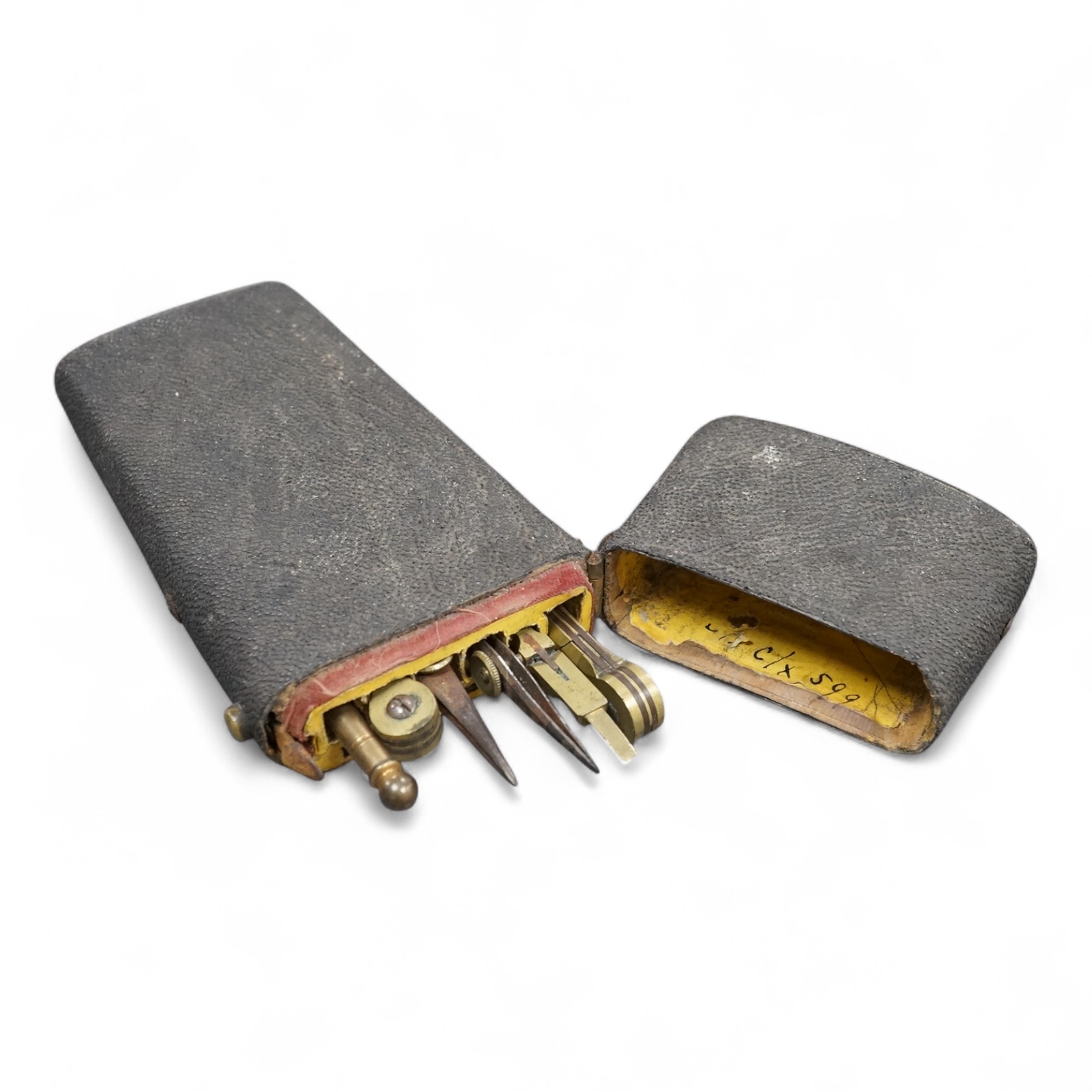 A 19th century pocket pocket draughtsman's set, containing various drawing instruments (some missing) in a shagreen case, 15cm high.